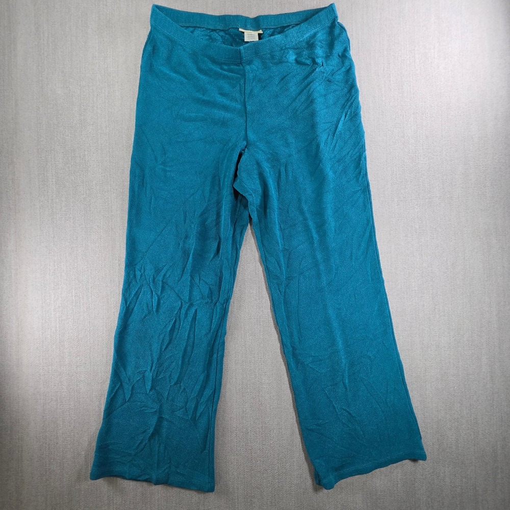 TravelSmith Knit Pants Womens Petite L Teal Blue Wide Leg Elastic Waist